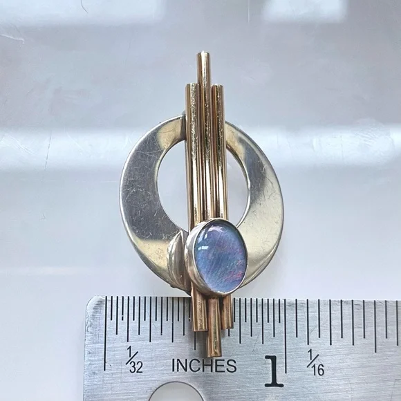 Vintage 10K GF Sterling Silver& Opal Modernist Deco Geometric Brooch Pin Pendant - Picture 5 of 9